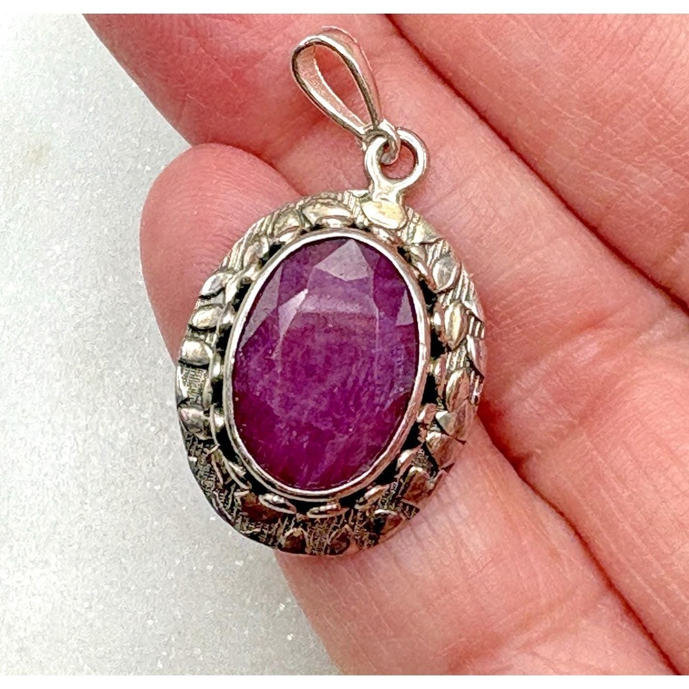 Vintage Sterling Silver Ruby Pendant Boho Chunky